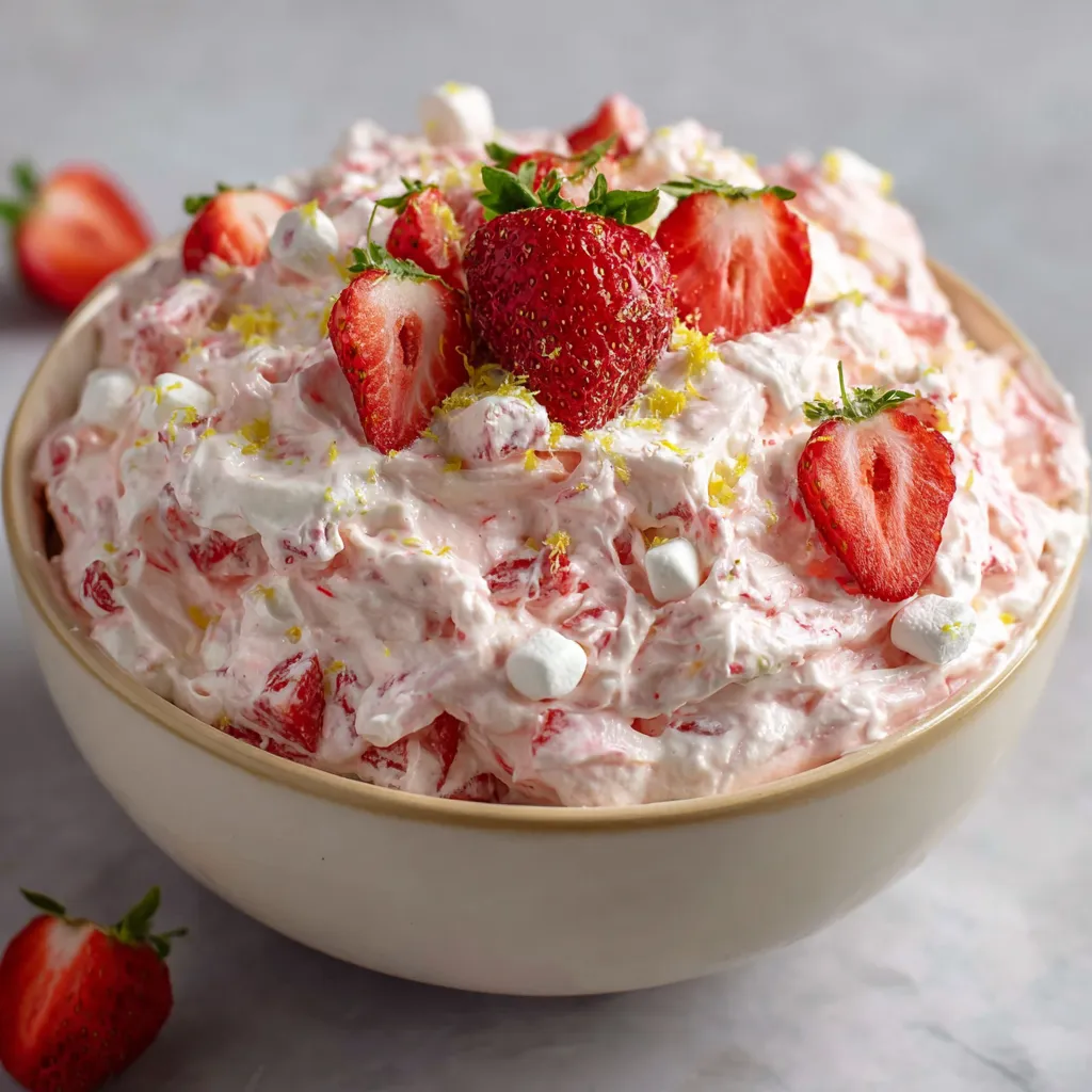 Bowl of creamy strawberry fluff salad topped with fresh sliced strawberries and mini marshmallows