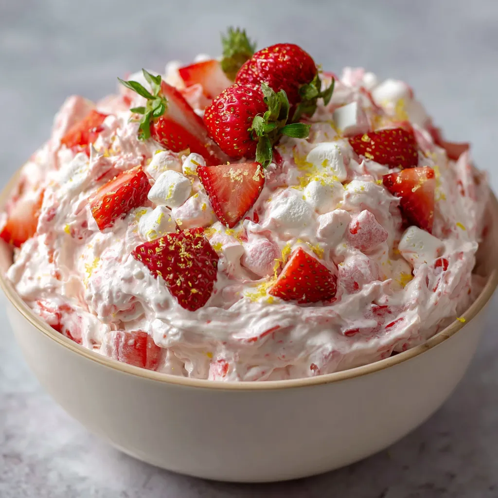 Bowl of creamy strawberry fluff salad topped with fresh sliced strawberries and mini marshmallows