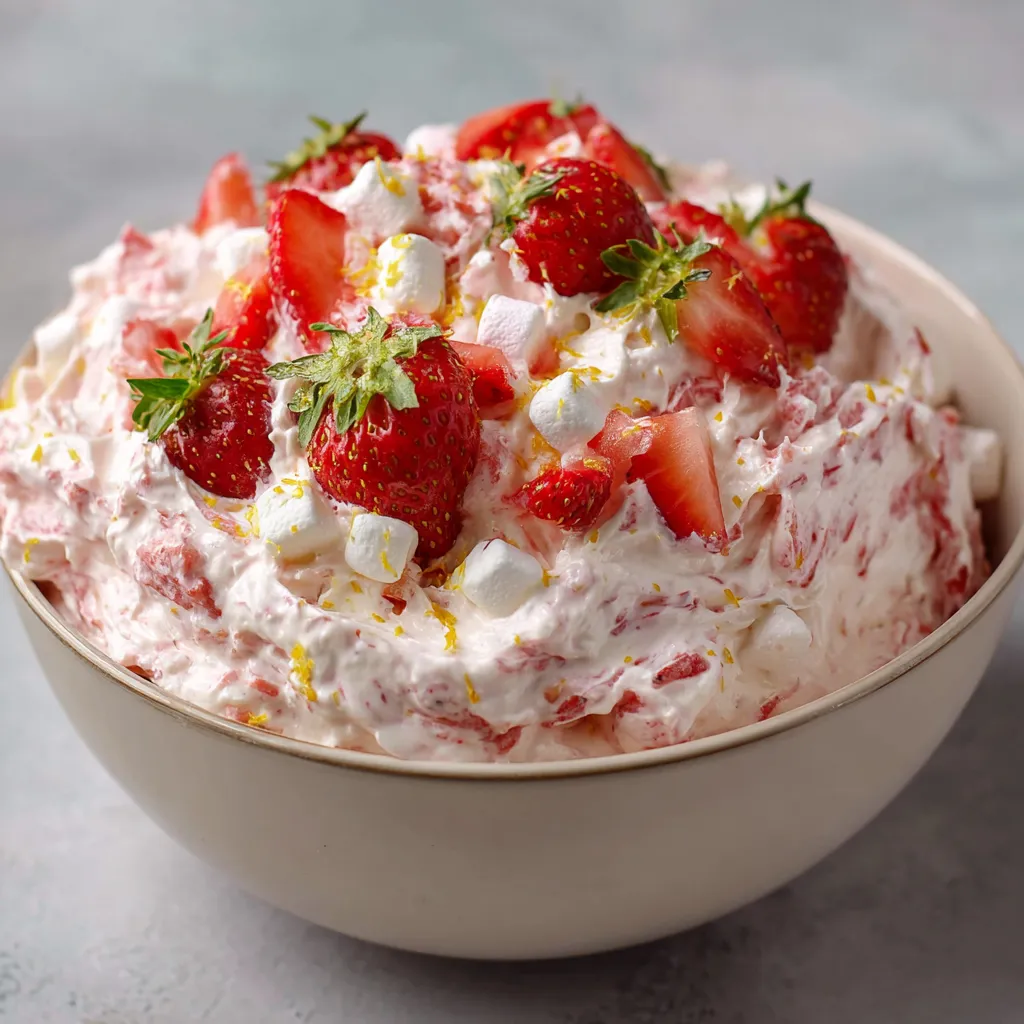 Bowl of creamy strawberry fluff salad topped with fresh sliced strawberries and mini marshmallows