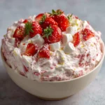 Bowl of creamy strawberry fluff salad topped with fresh sliced strawberries and mini marshmallows