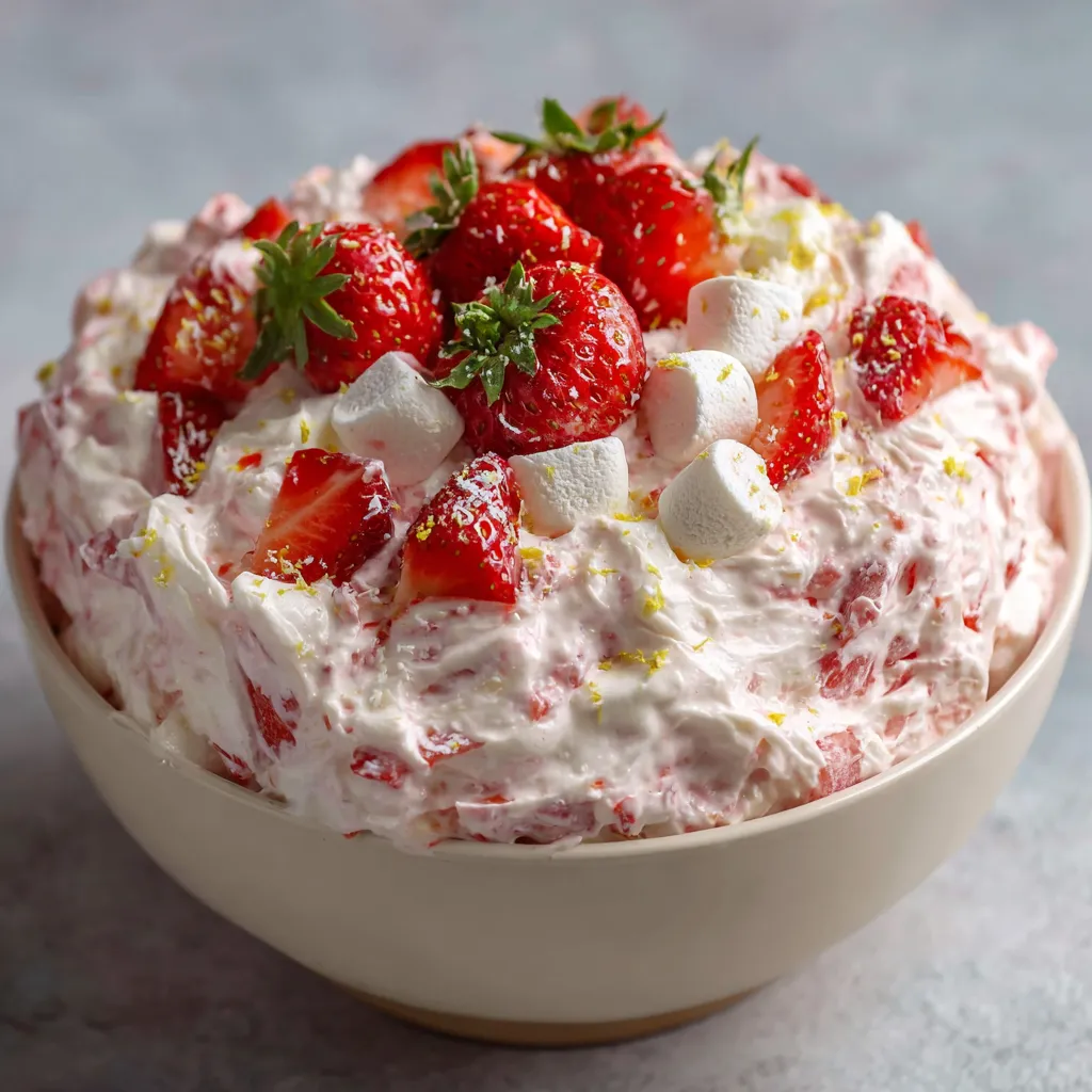 Bowl of creamy strawberry fluff salad topped with fresh sliced strawberries and mini marshmallows