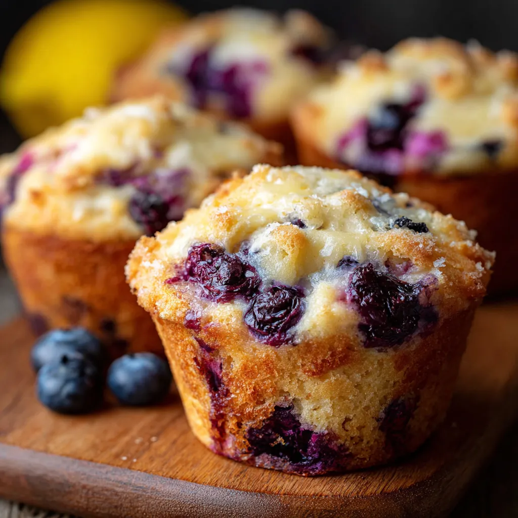Blueberry lemon muffins with cream cheese filling and lemon glaze on a cooling rack