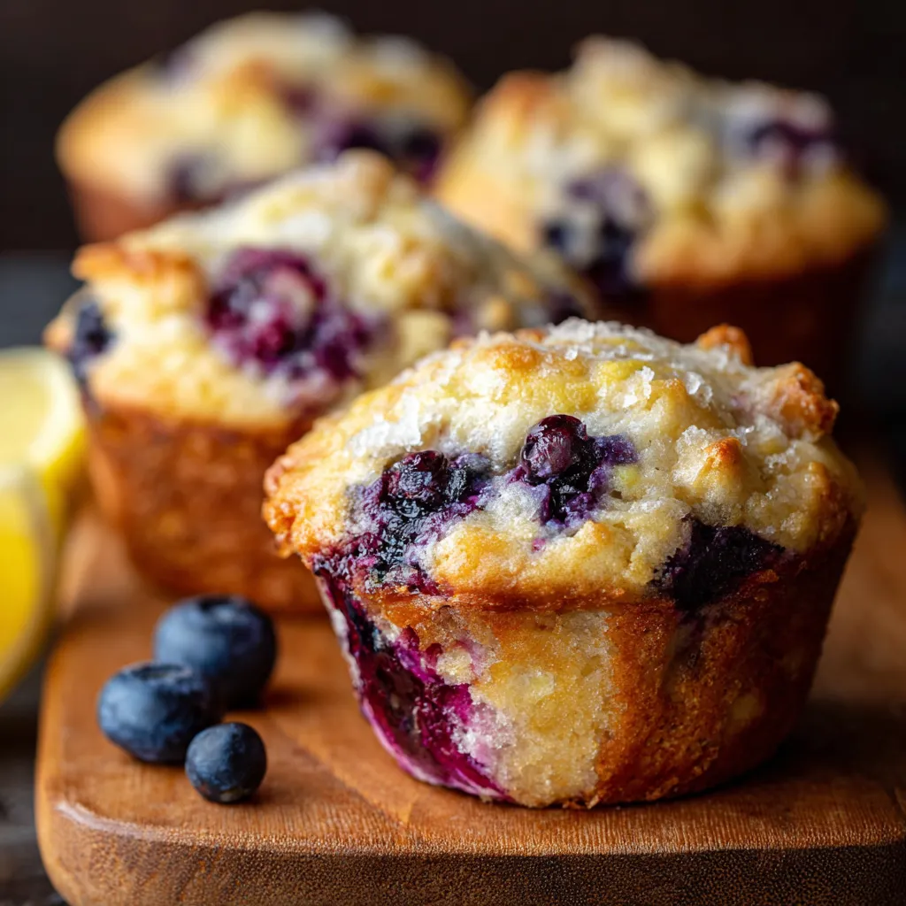 Blueberry lemon muffins with cream cheese filling and lemon glaze on a cooling rack