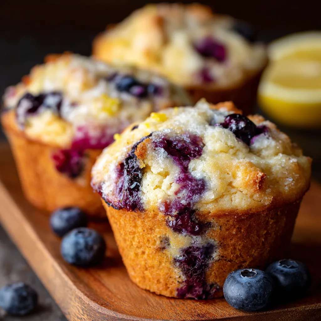 Blueberry lemon muffins with cream cheese filling and lemon glaze on a cooling rack