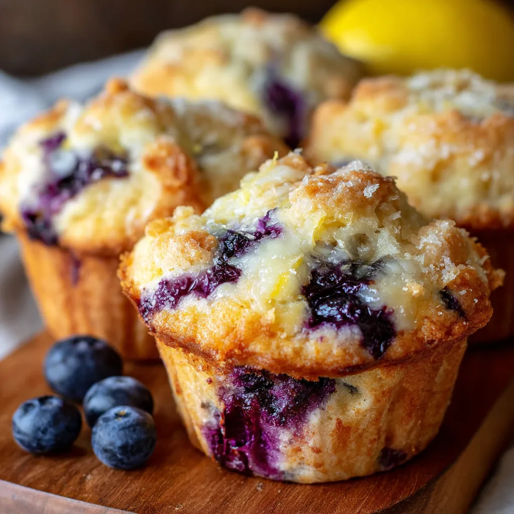 Blueberry lemon muffins with cream cheese filling and lemon glaze on a cooling rack