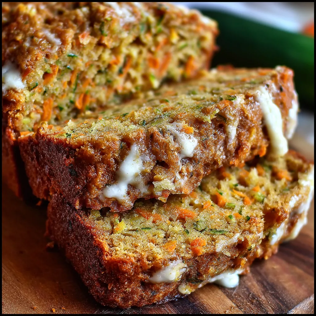Freshly baked carrot apple zucchini bread on a wooden board, showing moist crumb and colorful specks of carrot and zucchini.