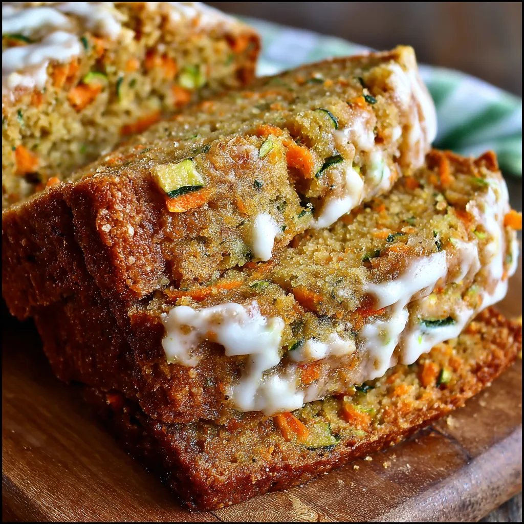 Freshly baked carrot apple zucchini bread on a wooden board, showing moist crumb and colorful specks of carrot and zucchini.