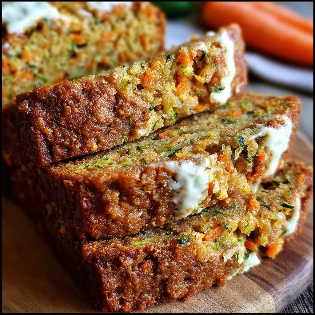 Freshly baked carrot apple zucchini bread on a wooden board, showing moist crumb and colorful specks of carrot and zucchini.