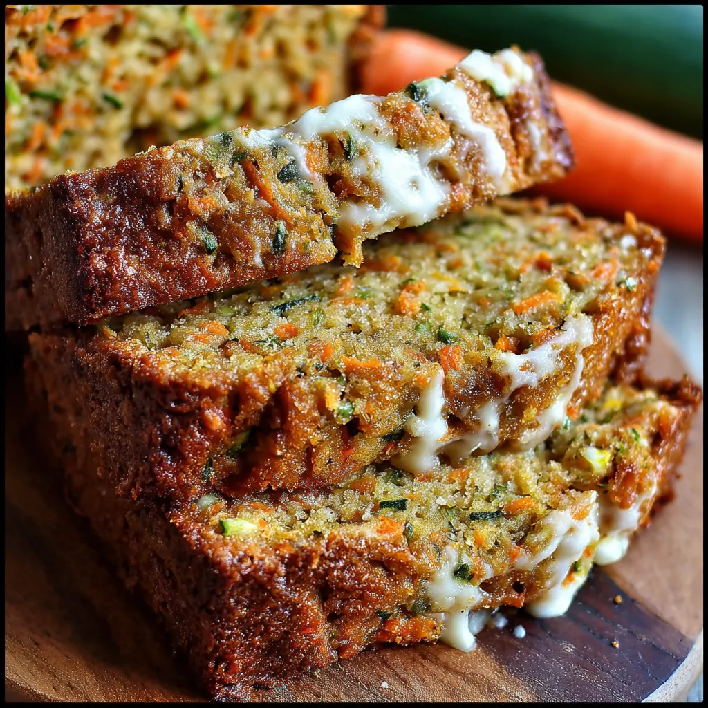Freshly baked carrot apple zucchini bread on a wooden board, showing moist crumb and colorful specks of carrot and zucchini.