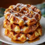 Crispy apple fritter waffle donuts topped with cinnamon sugar and glaze