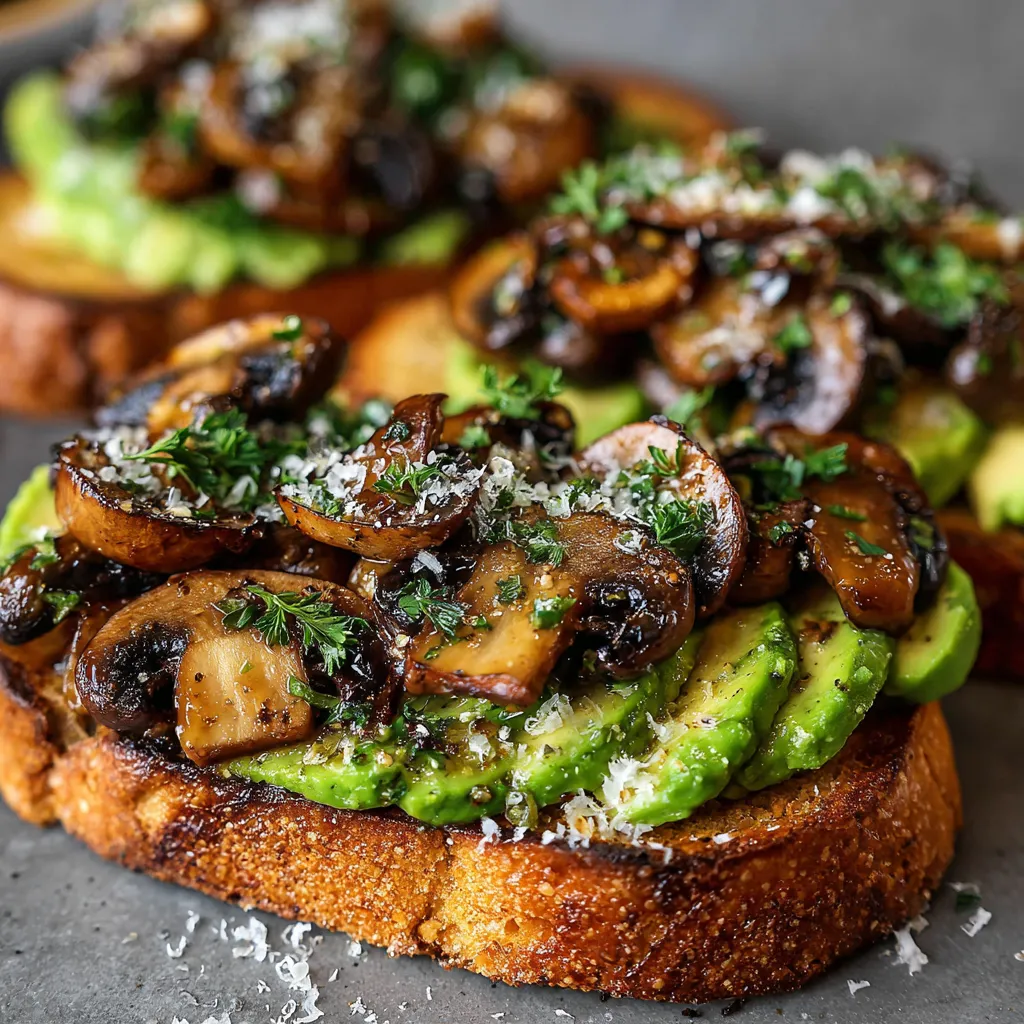 Rustic sourdough toast topped with mashed avocado and sautéed garlic mushrooms, garnished with parsley.