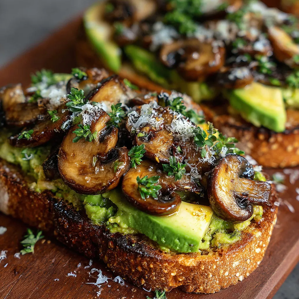 Rustic sourdough toast topped with mashed avocado and sautéed garlic mushrooms, garnished with parsley.
