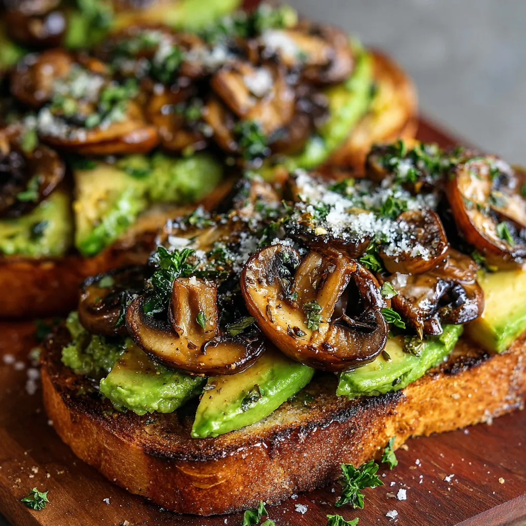 Rustic sourdough toast topped with mashed avocado and sautéed garlic mushrooms, garnished with parsley.