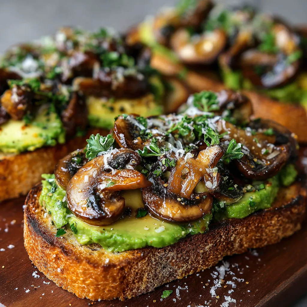 Rustic sourdough toast topped with mashed avocado and sautéed garlic mushrooms, garnished with parsley.
