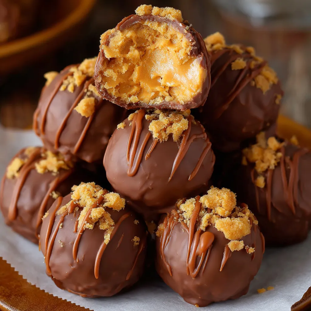 Butterfinger Balls stacked on a plate with chocolate coating and candy topping