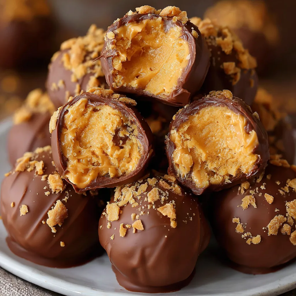 Butterfinger Balls stacked on a plate with chocolate coating and candy topping