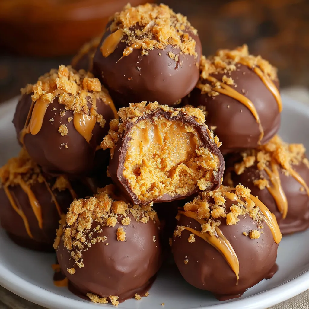 Butterfinger Balls stacked on a plate with chocolate coating and candy topping