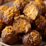 Butterfinger Balls stacked on a plate with chocolate coating and candy topping