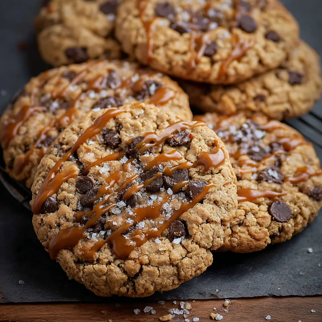 Carmelita Cookies stacked on a cooling rack, with visible caramel swirls and chocolate chips.