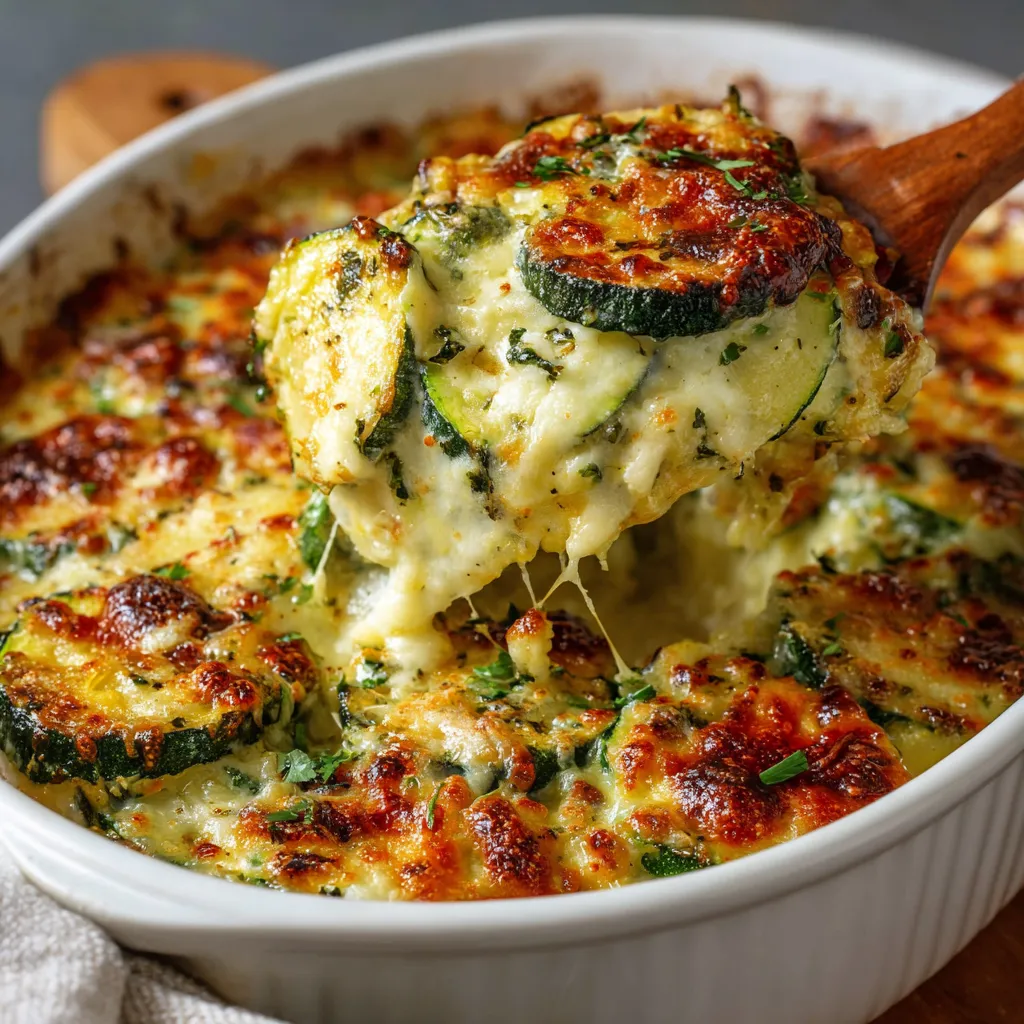Cheesy zucchini ricotta bake in a casserole dish, topped with golden melted mozzarella and fresh basil.