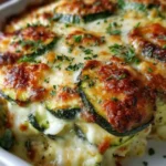 Cheesy zucchini ricotta bake in a casserole dish, topped with golden melted mozzarella and fresh basil.