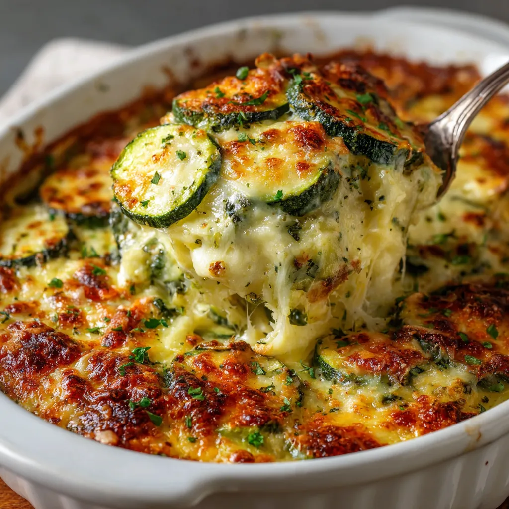 Cheesy zucchini ricotta bake in a casserole dish, topped with golden melted mozzarella and fresh basil.
