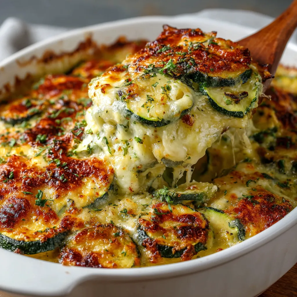 Cheesy zucchini ricotta bake in a casserole dish, topped with golden melted mozzarella and fresh basil.