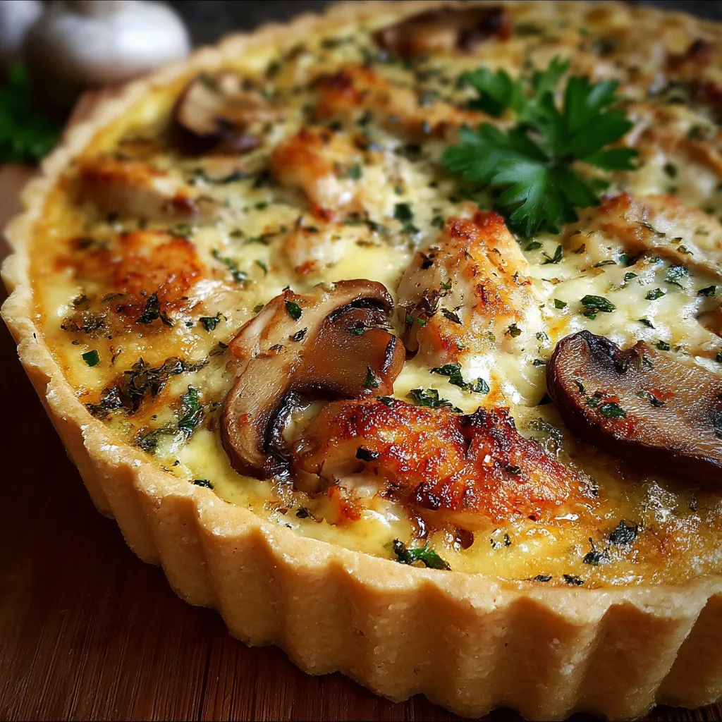 Chicken, Mushroom & Cheese Quiche fresh out of the oven in a golden pie crust