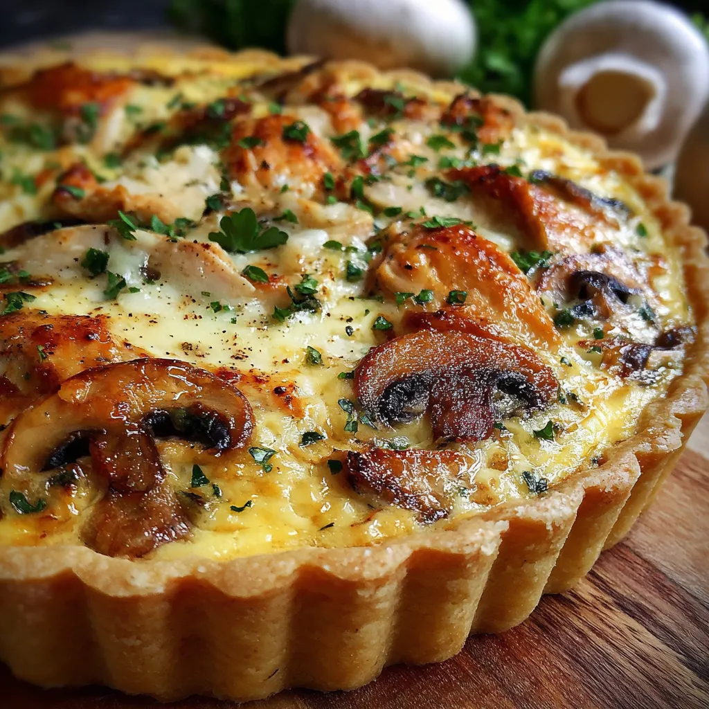 Chicken, Mushroom & Cheese Quiche fresh out of the oven in a golden pie crust