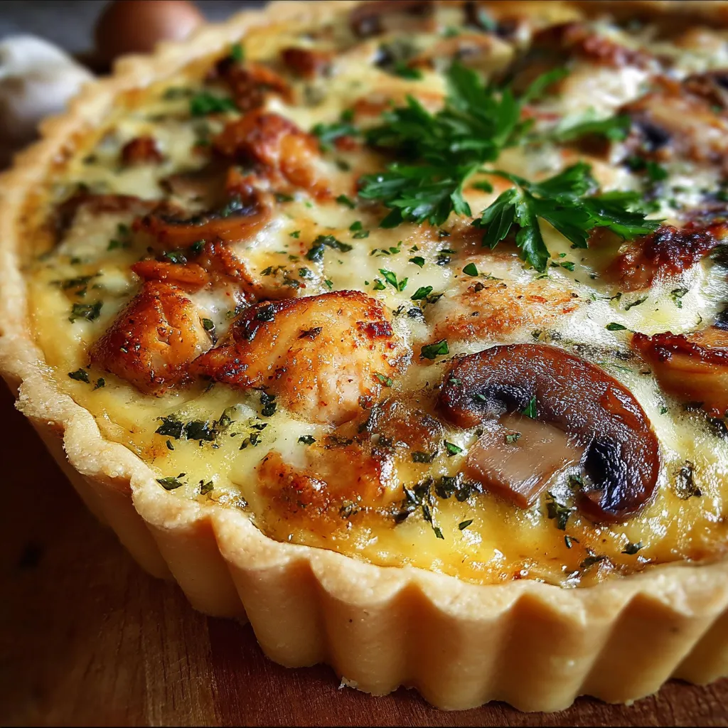 Chicken, Mushroom & Cheese Quiche fresh out of the oven in a golden pie crust