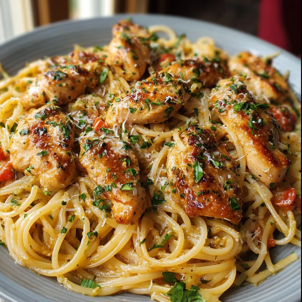 Chicken Scampi Pasta in skillet with garlic lemon butter sauce and colorful bell peppers