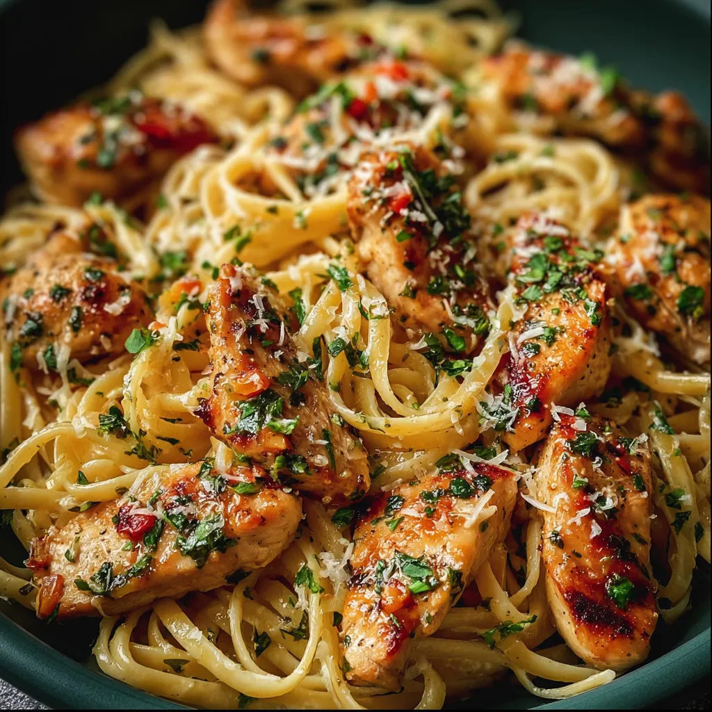 Chicken Scampi Pasta in skillet with garlic lemon butter sauce and colorful bell peppers