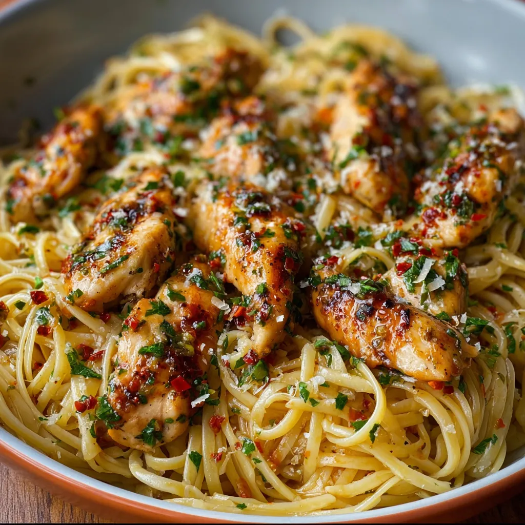 Chicken Scampi Pasta in skillet with garlic lemon butter sauce and colorful bell peppers