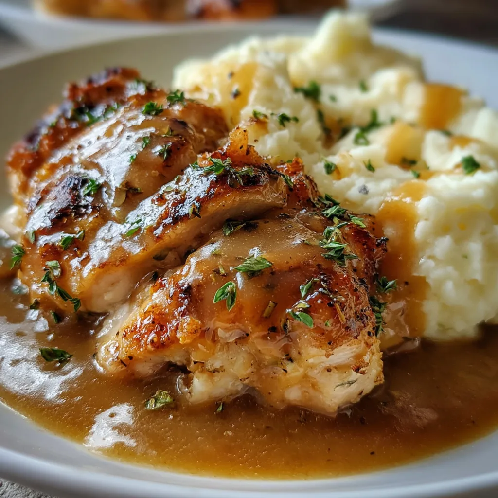 A plate of golden chicken breasts in garlic gravy, served over creamy cheesy mashed potatoes, garnished with parsley.
