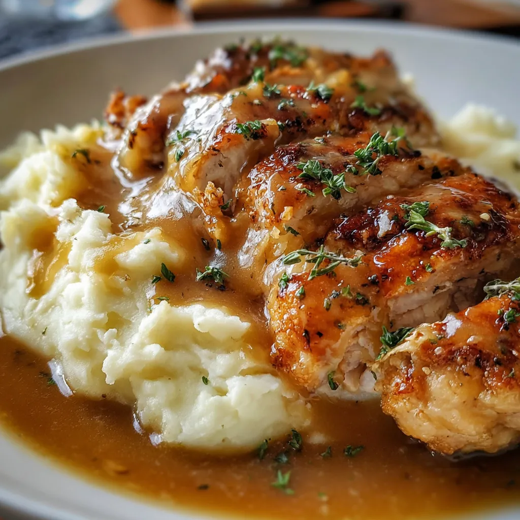 A plate of golden chicken breasts in garlic gravy, served over creamy cheesy mashed potatoes, garnished with parsley.
