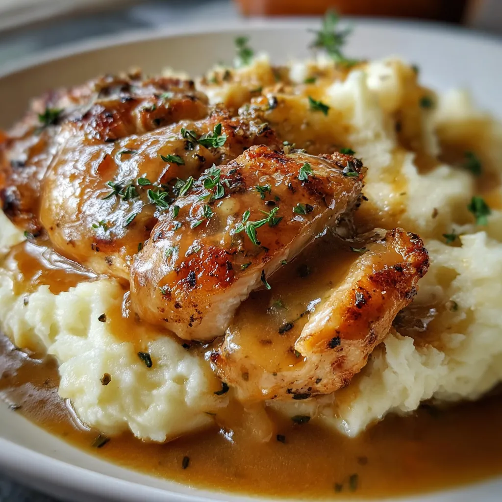 A plate of golden chicken breasts in garlic gravy, served over creamy cheesy mashed potatoes, garnished with parsley.