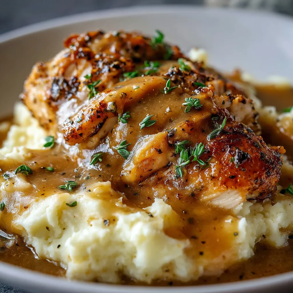 A plate of golden chicken breasts in garlic gravy, served over creamy cheesy mashed potatoes, garnished with parsley.