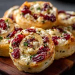 A platter of cranberry feta pinwheels made with cream cheese and tortillas, displayed on a festive holiday table.