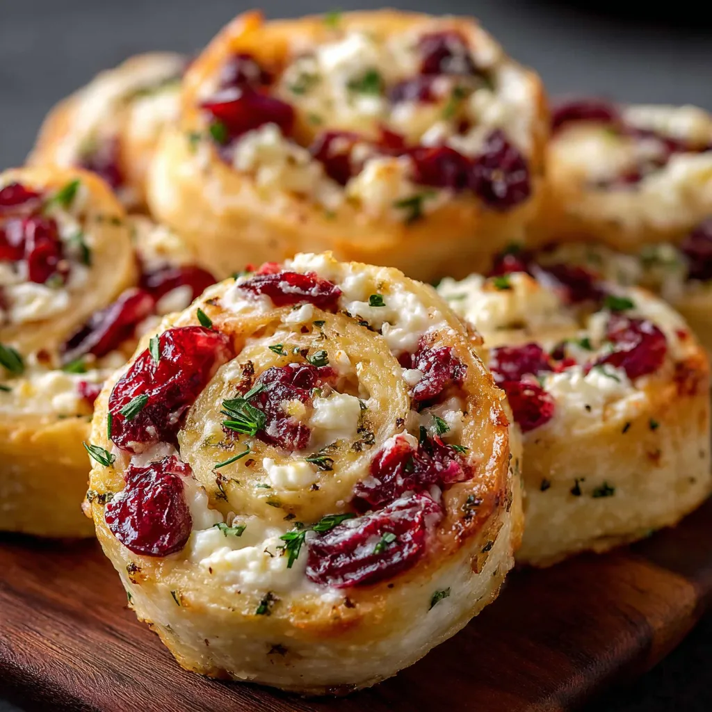 A platter of cranberry feta pinwheels made with cream cheese and tortillas, displayed on a festive holiday table.
