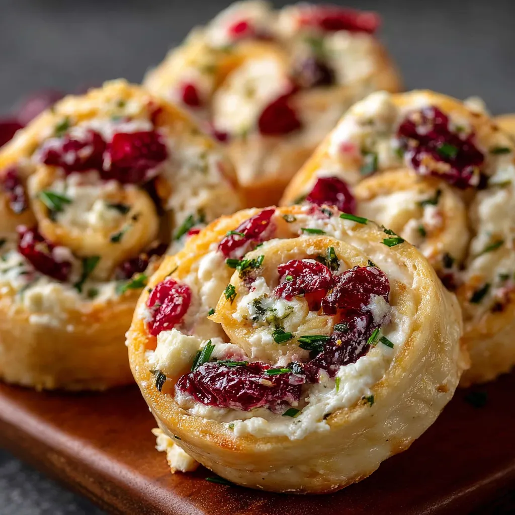 A platter of cranberry feta pinwheels made with cream cheese and tortillas, displayed on a festive holiday table.