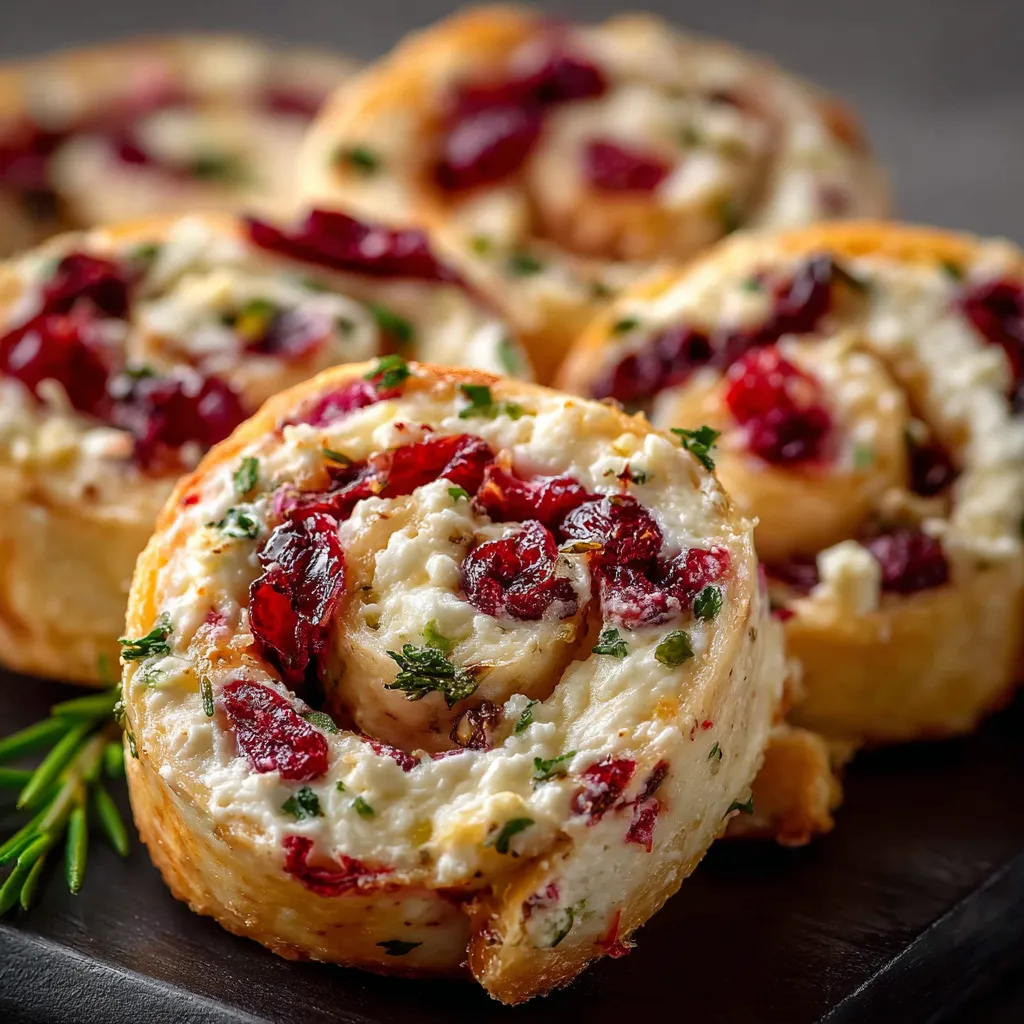 A platter of cranberry feta pinwheels made with cream cheese and tortillas, displayed on a festive holiday table.
