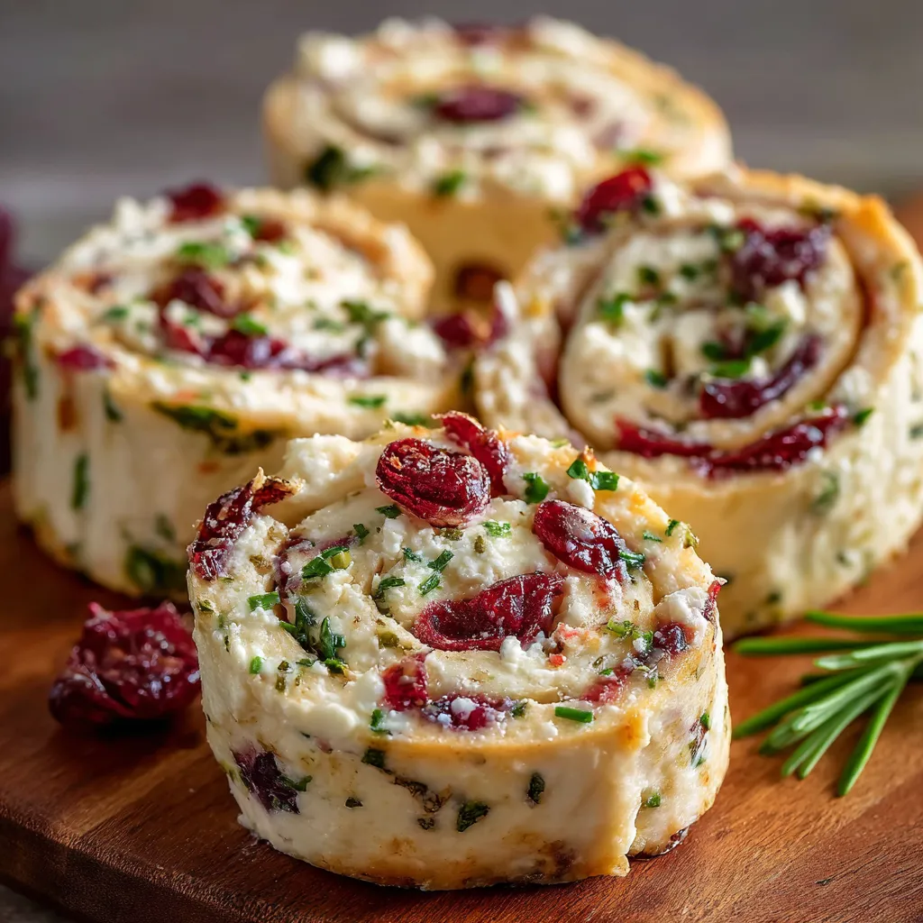 A platter of cranberry feta pinwheels made with cream cheese and tortillas, displayed on a festive holiday table.