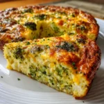 Crustless Broccoli Cheddar Quiche fresh from the oven in a white pie dish, golden and garnished with chives