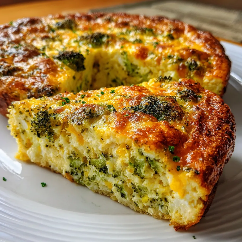 Crustless Broccoli Cheddar Quiche fresh from the oven in a white pie dish, golden and garnished with chives
