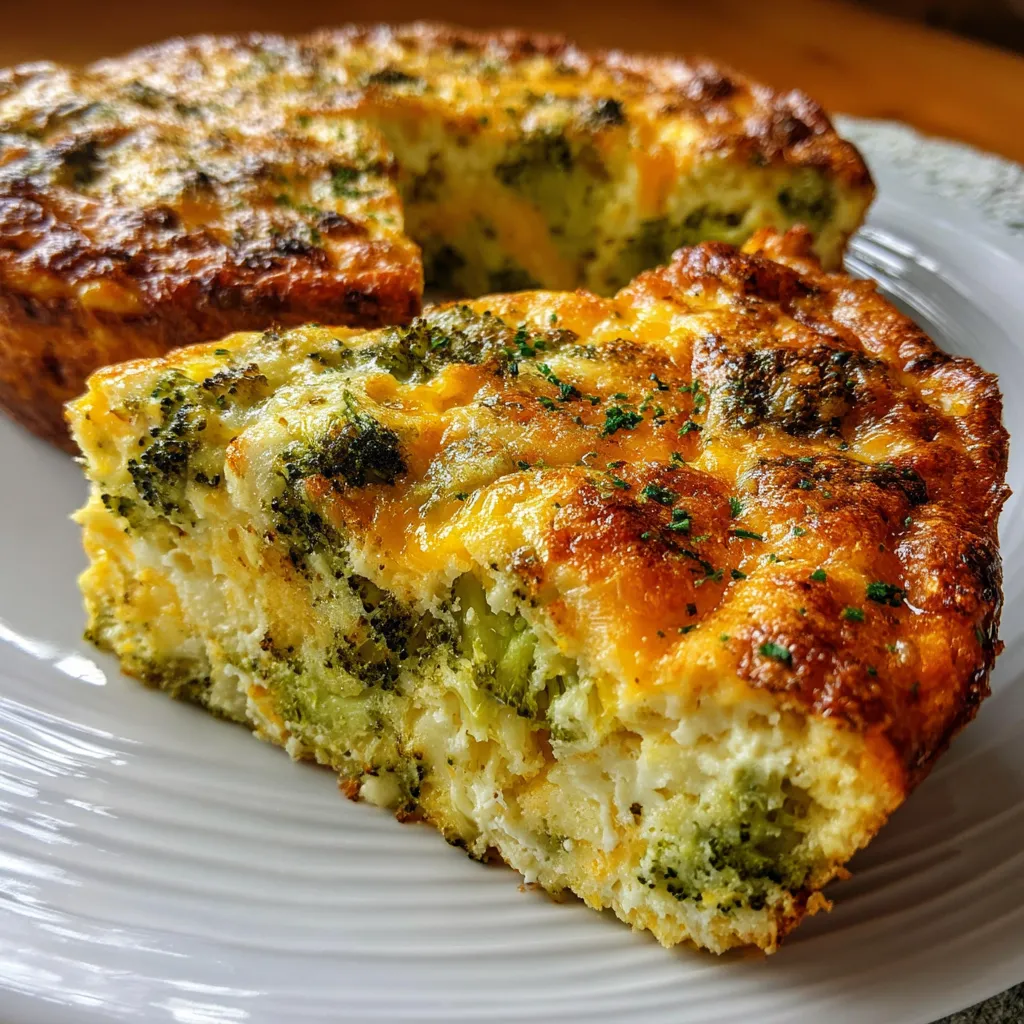 Crustless Broccoli Cheddar Quiche fresh from the oven in a white pie dish, golden and garnished with chives