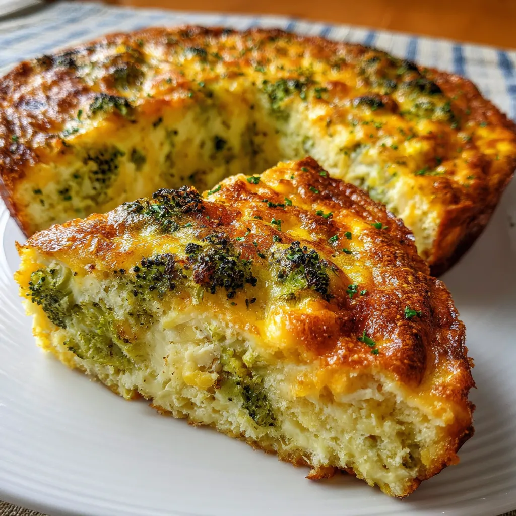 Crustless Broccoli Cheddar Quiche fresh from the oven in a white pie dish, golden and garnished with chives