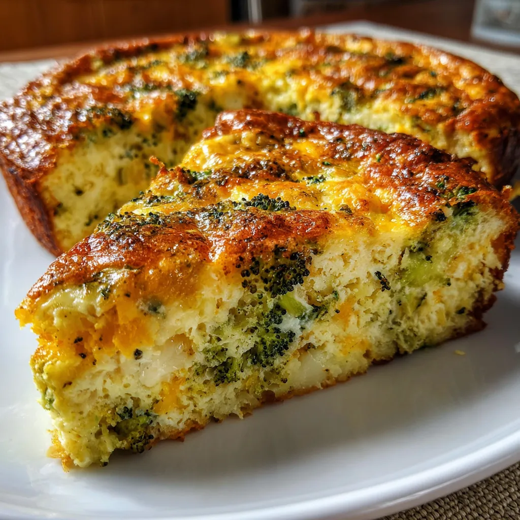 Crustless Broccoli Cheddar Quiche fresh from the oven in a white pie dish, golden and garnished with chives