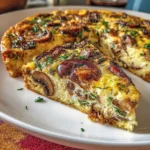 A slice of crustless mushroom and Swiss quiche served warm on a plate, garnished with parsley.