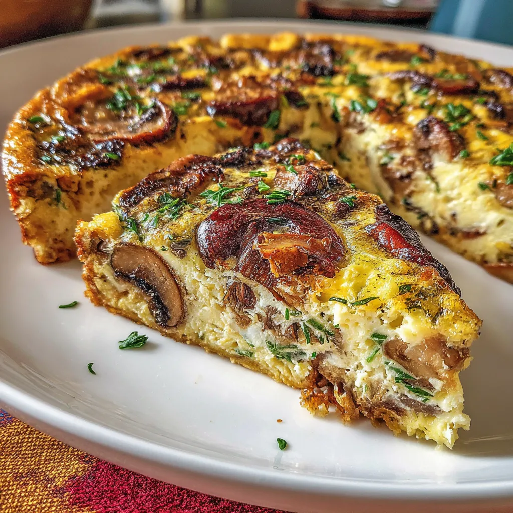 A slice of crustless mushroom and Swiss quiche served warm on a plate, garnished with parsley.