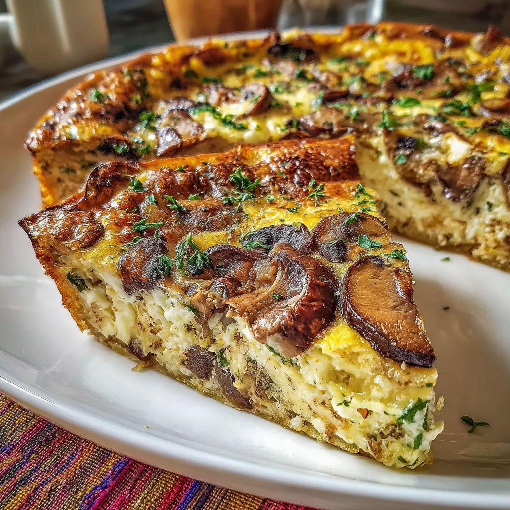 A slice of crustless mushroom and Swiss quiche served warm on a plate, garnished with parsley.